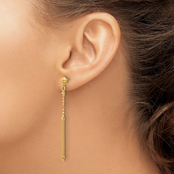 Leslie's 14K Polish/Texture/Dia-cut Bead w/Bar Dangle Post Earrings - Image 3