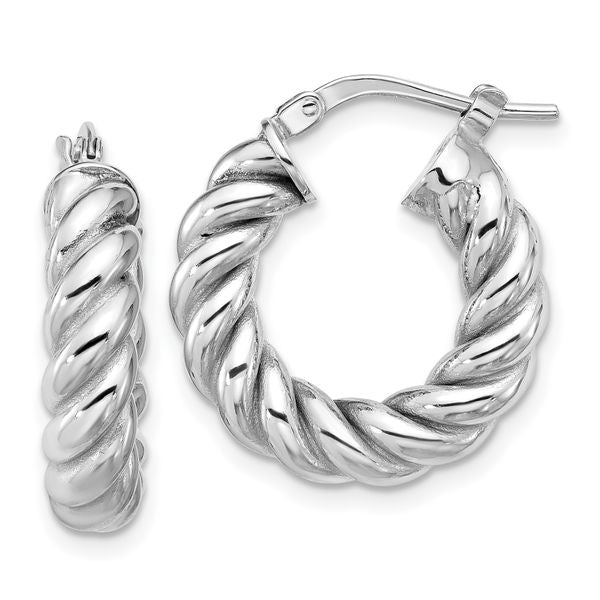 Leslie's 14K w/White RH-plat Polished/Twisted Round Hoop Earrings