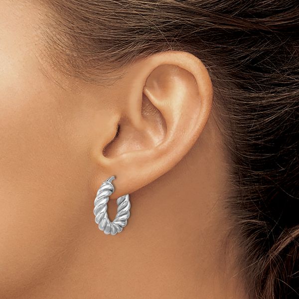 Leslie's 14K w/White RH-plat Polished/Twisted Round Hoop Earrings - Image 3