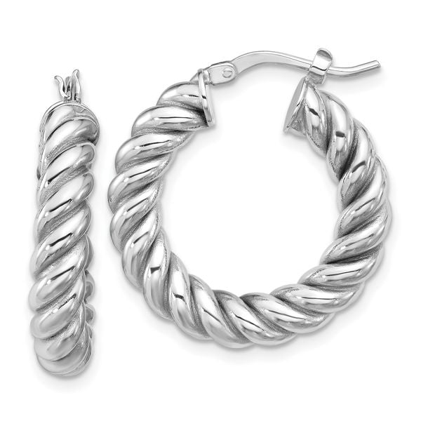 Leslie's 14K w/White RH-plat Polished/Twisted Round Hoop Earrings
