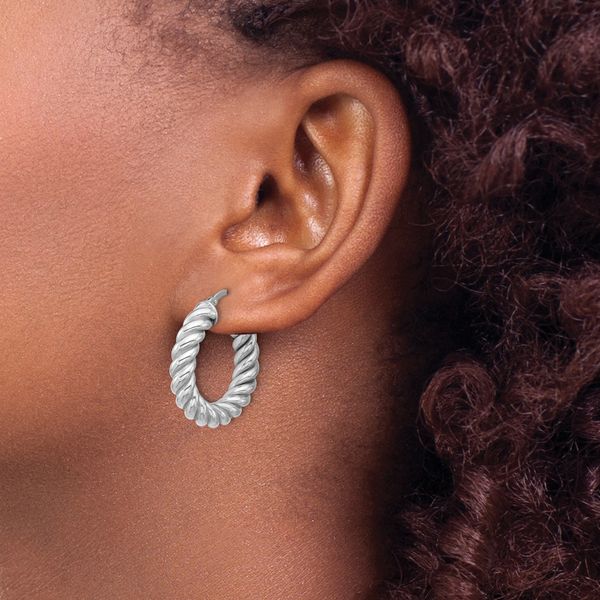Leslie's 14K w/White RH-plat Polished/Twisted Round Hoop Earrings - Image 3