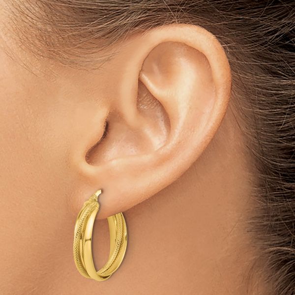 Leslie's 14K Polished and Textured Round Hoop Earrings - Image 3