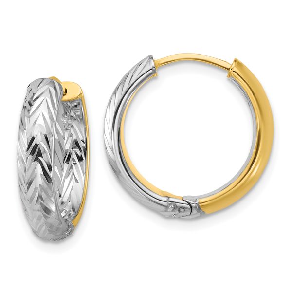 Leslie's 14K w/Rhodium Polished/Dia-cut Hinged Hoop Earrings