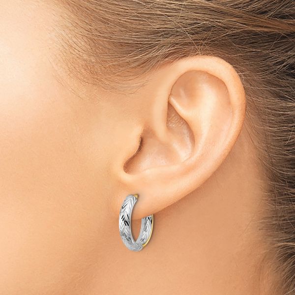 Leslie's 14K w/Rhodium Polished/Dia-cut Hinged Hoop Earrings - Image 3