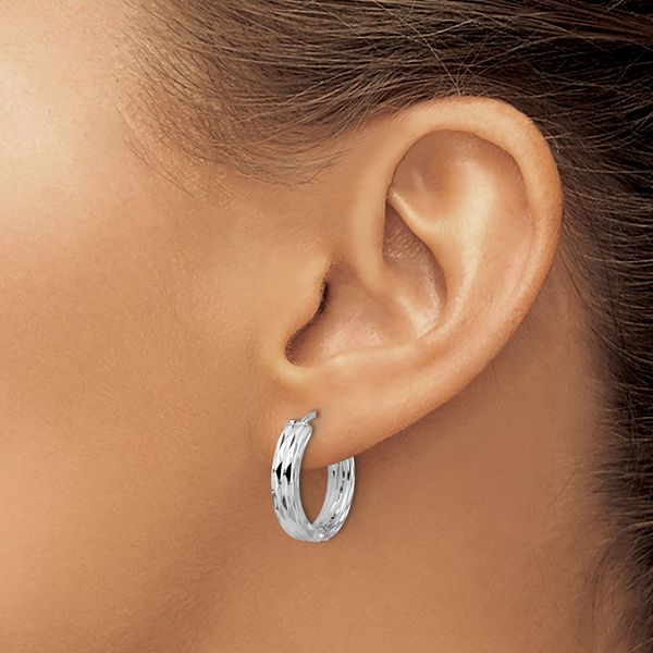 Leslie's' 14K w/Wht RH-plat Polished/Dia-cut Hinged Hoop Earrings - Image 3