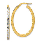 Leslie's 14K w/Rhodium Polished and Dia-Cut Oval Hoop Earrings