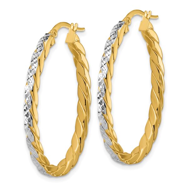 Leslie's 14K w/Rhodium Polished and Dia-Cut Oval Hoop Earrings - Image 2