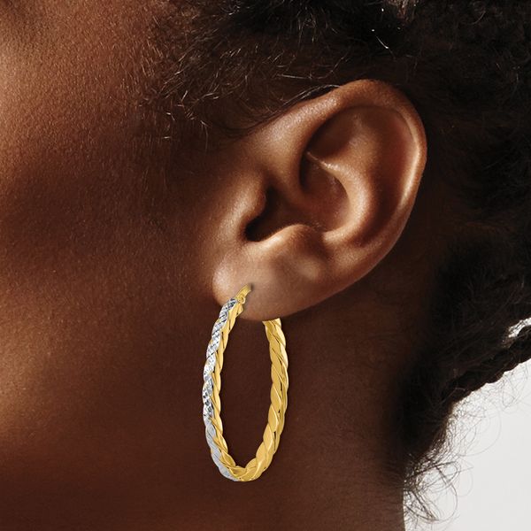 Leslie's 14K w/Rhodium Polished and Dia-Cut Oval Hoop Earrings - Image 3