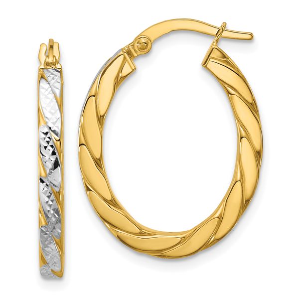 Leslie's 14K w/Rhodium Polished and Dia-Cut Oval Hoop Earrings