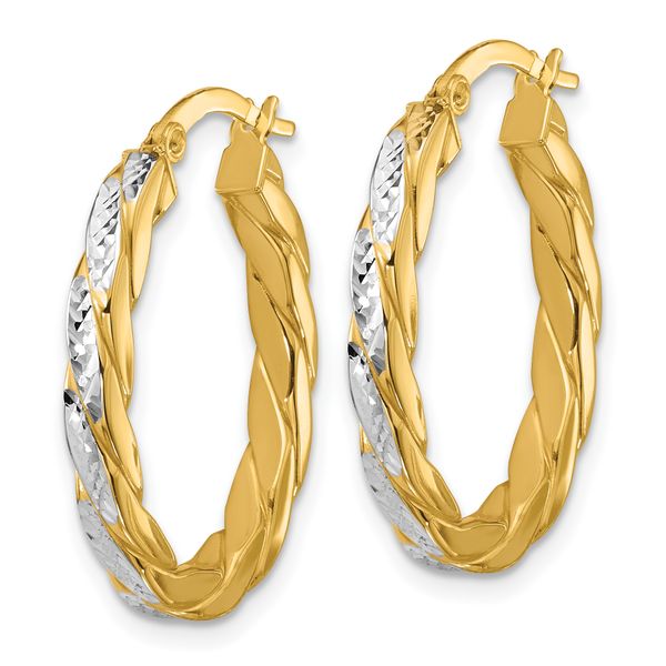 Leslie's 14K w/Rhodium Polished and Dia-Cut Oval Hoop Earrings - Image 2
