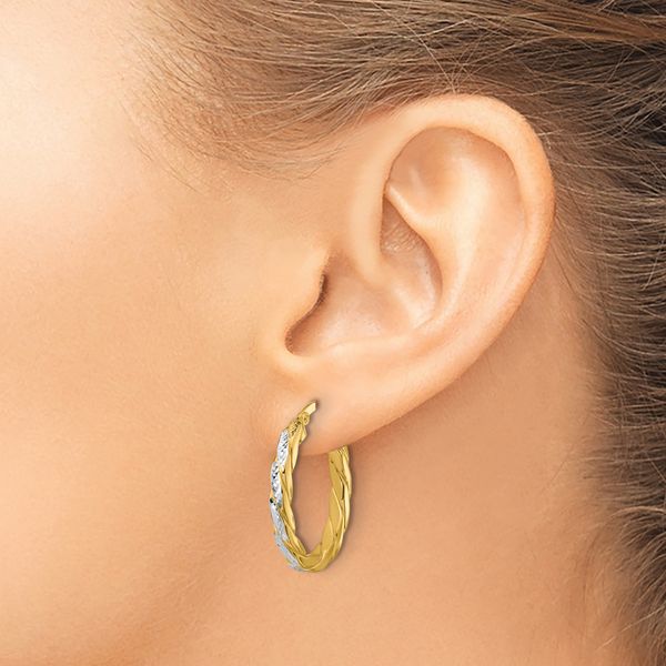 Leslie's 14K w/Rhodium Polished and Dia-Cut Oval Hoop Earrings - Image 3