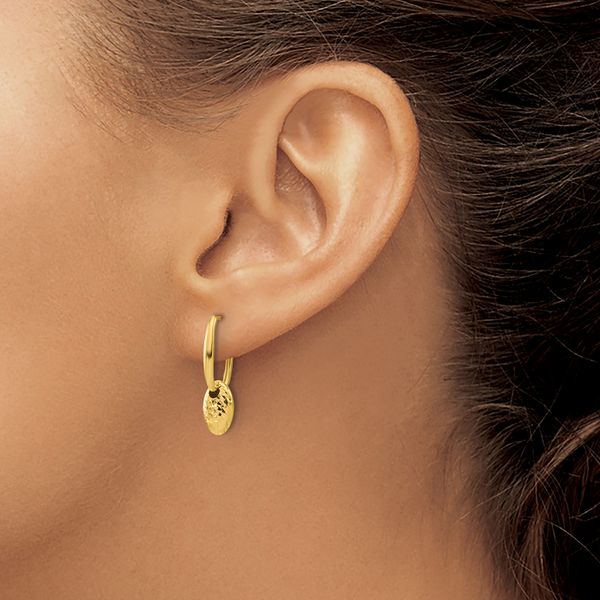 Leslie's 14K Polished / Dia-cut Oval w/Bead Hinged Hoop Earrings - Image 3