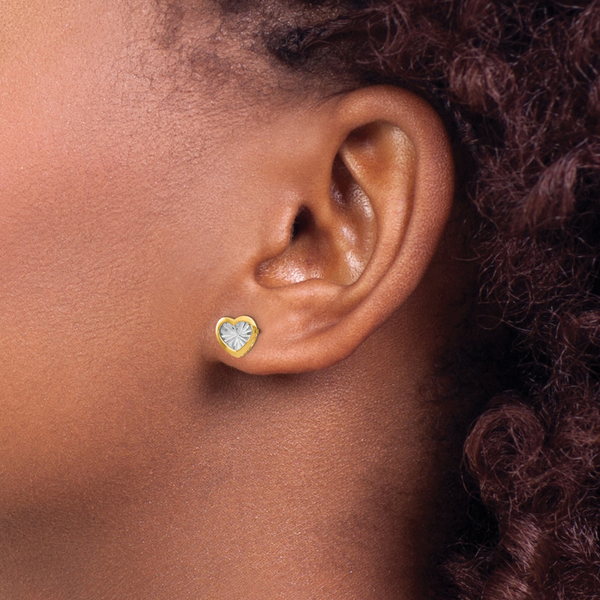 14K w/White Rhodium Polished and D/C Heart Post Earrings - Image 3