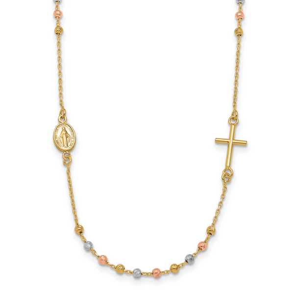 Leslie's 14K Tri-color Sideways Cross Beaded Rosary Style 18 inch Necklace