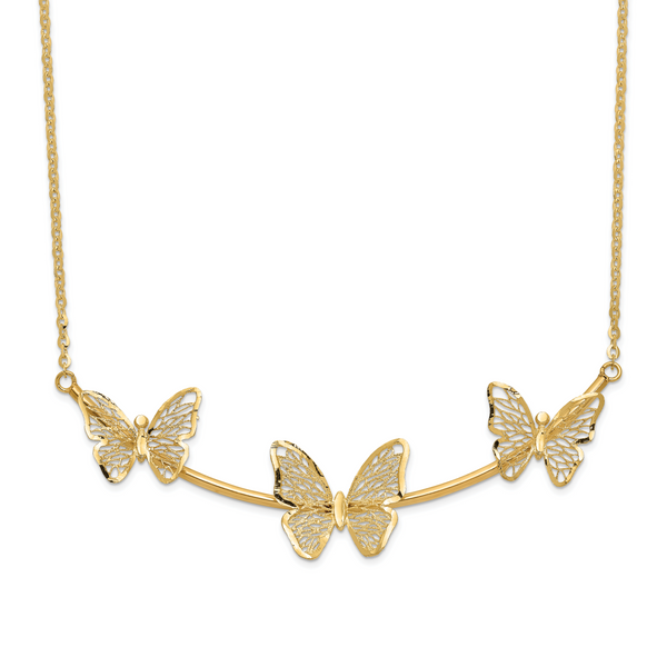 Leslie's 14K Polished Filigree 3-Butterfly Bar Necklace