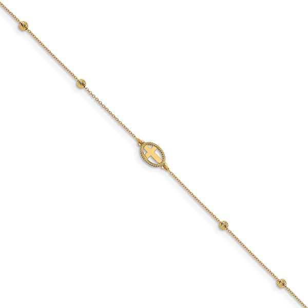 14K Polished D/C Beaded Cross w/1in ext. Anklet