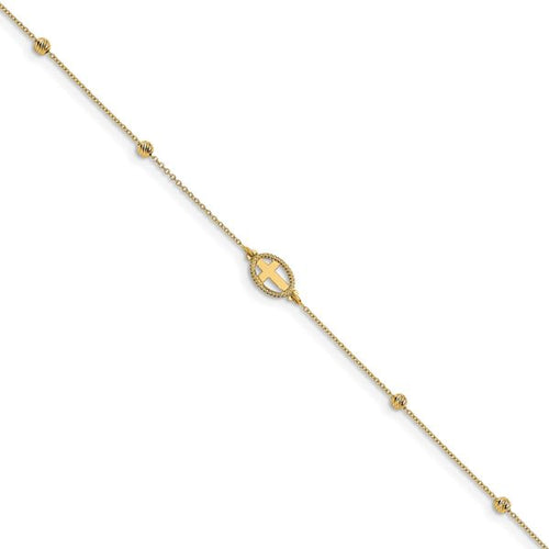 14K Polished D/C Beaded Cross w/1in ext. Anklet