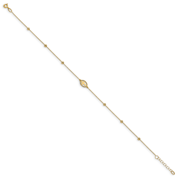 14K Polished D/C Beaded Cross w/1in ext. Anklet - Image 2