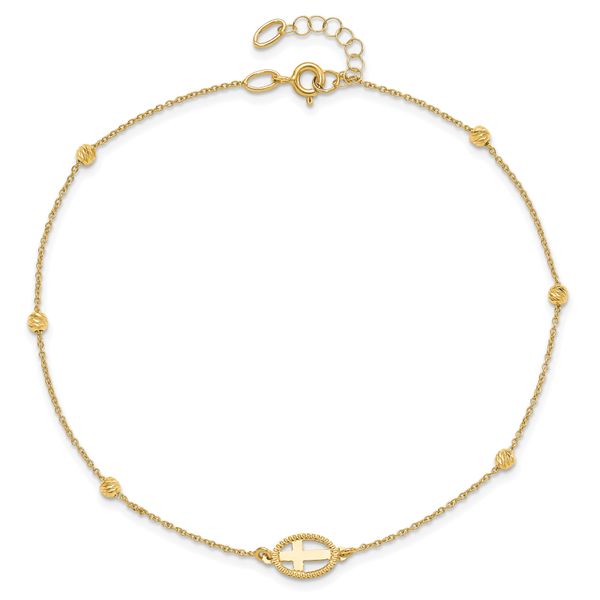 14K Polished D/C Beaded Cross w/1in ext. Anklet - Image 4