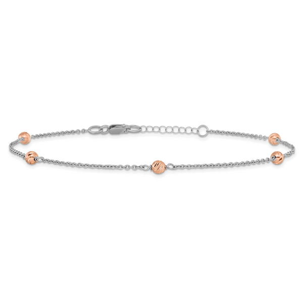 14K White and Rose Gold Polished D/C Beaded w/1in ext. Anklet - Image 3