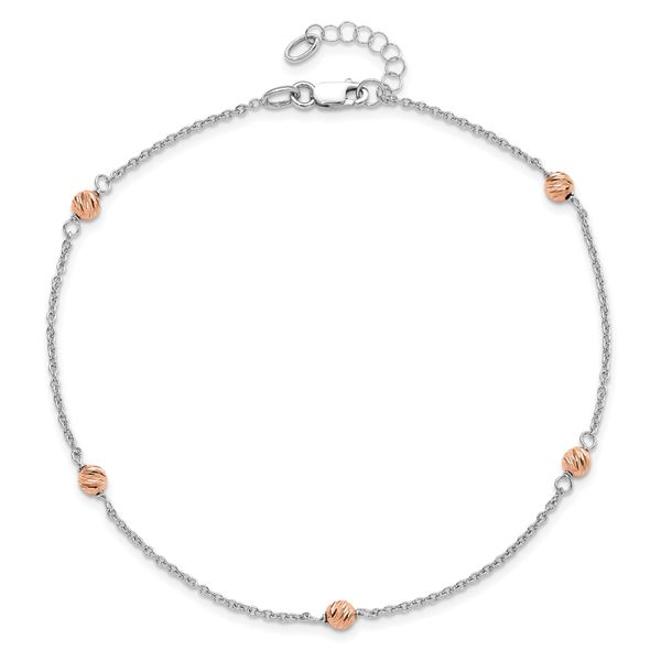 14K White and Rose Gold Polished D/C Beaded w/1in ext. Anklet - Image 4