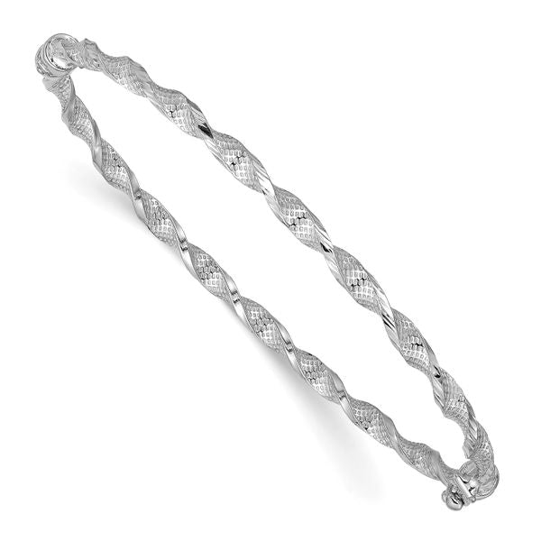 14K with White Rhodium Plating Polished Textured Twisted Hinged Bangle