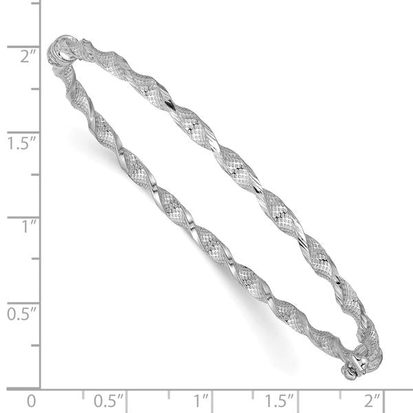 14K with White Rhodium Plating Polished Textured Twisted Hinged Bangle - Image 2