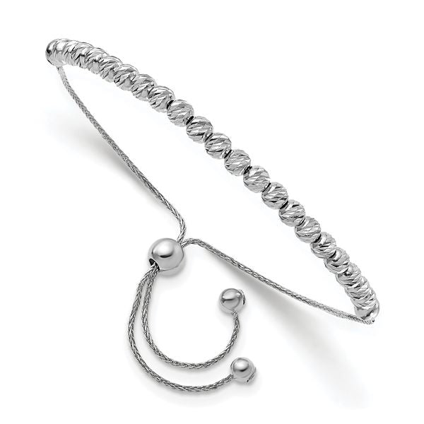 14K White Gold Polished D/C Beaded Bolo Adj. Bracelet