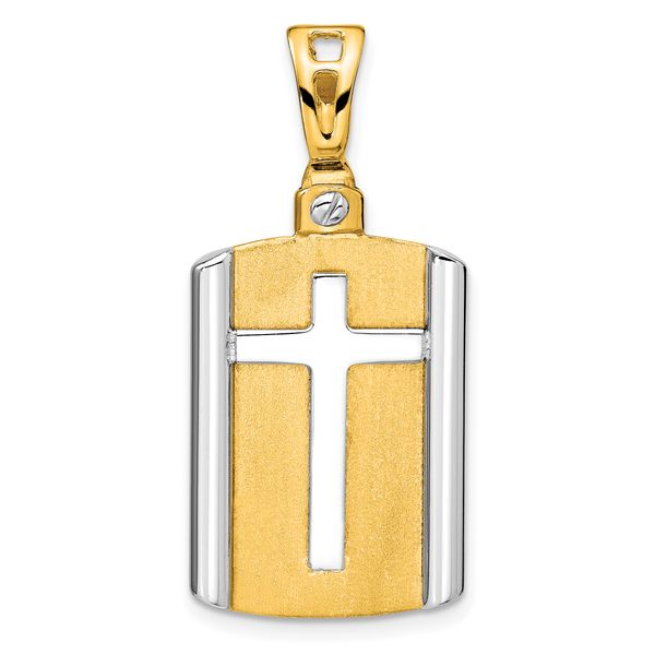 14K Two-tone Brushed Cross Dog Tag Pendant