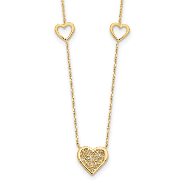 Leslie's 14K Polished and Filigree Heart Stations with 1in. ext. Necklace