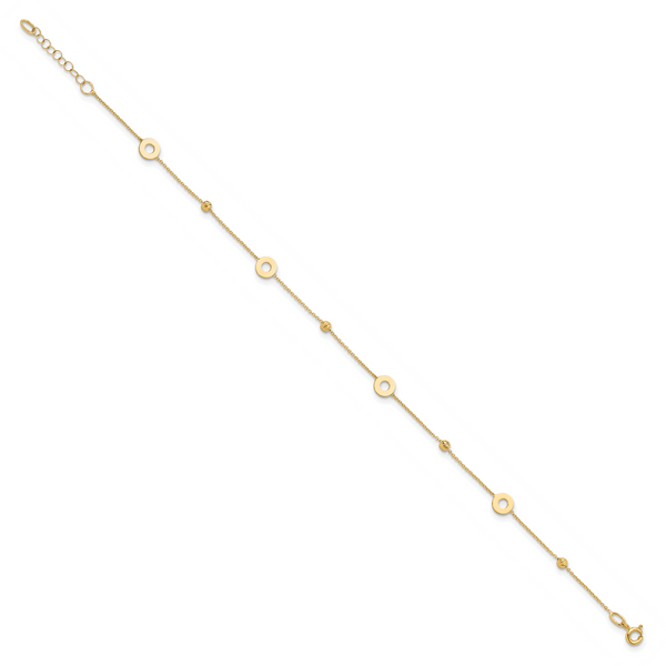 14K Polished and D/C Beads 9in Plus 1in ext. Anklet - Image 2