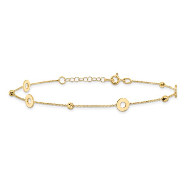 14K Polished and D/C Beads 9in Plus 1in ext. Anklet - Image 3