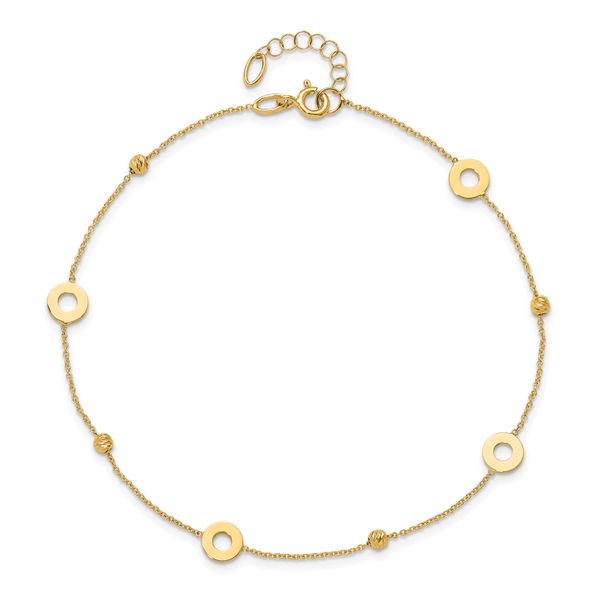 14K Polished and D/C Beads 9in Plus 1in ext. Anklet - Image 4