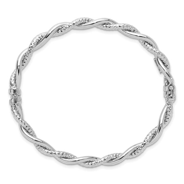 14K White Gold Polished and Textured Twisted Hinged Bangle - Image 2