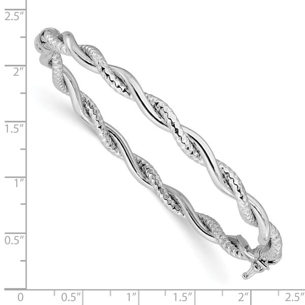 14K White Gold Polished and Textured Twisted Hinged Bangle - Image 3