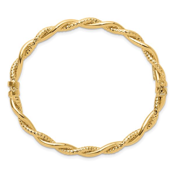 14K Polished and Textured Twisted Hinged Bangle - Image 2