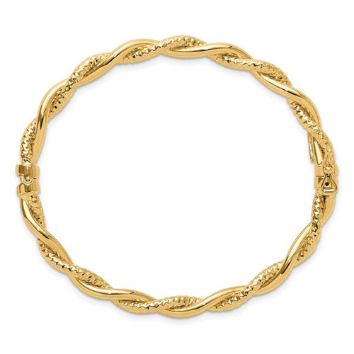 14K Polished and Textured Twisted Hinged Bangle - Image 2
