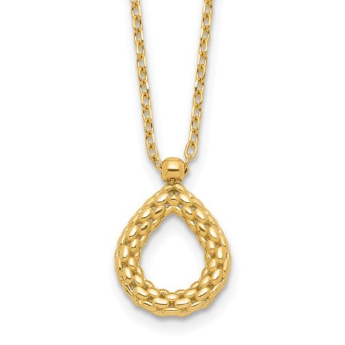 14K Polished and Textured Teardrop with .5in ext. Necklace