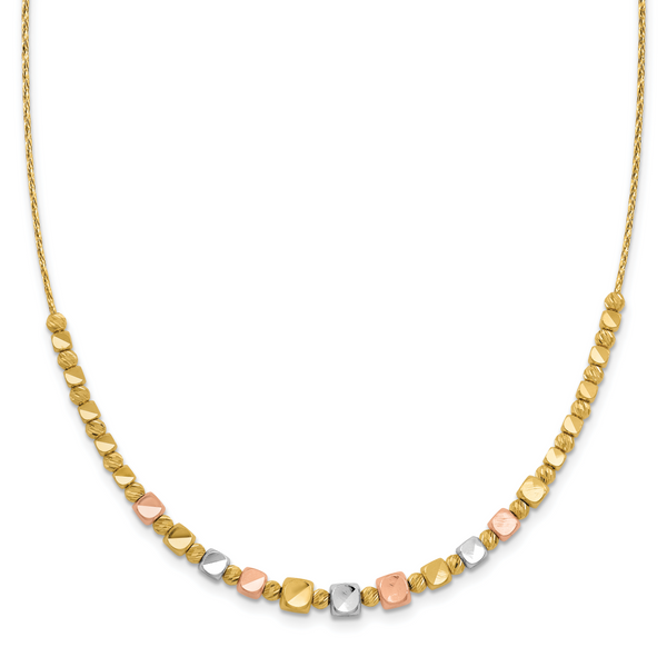 Leslie's 14K Tri-color Polished / DC Square Beads w/1in ext. Necklace