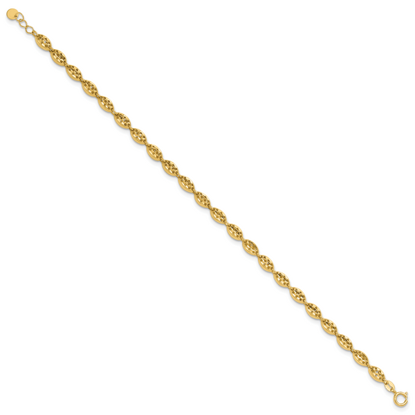 14K Polished and D/C Fancy Oval Link w/.25in ext. Bracelet - Image 2
