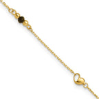 Leslie's 14K Polished/Dia-cut Heart Cr. Onyx Beads 9in Plus 1in ext. Anklet