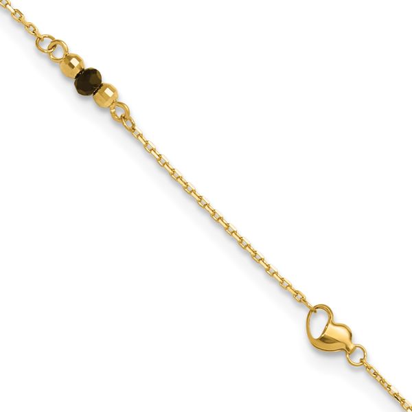 Leslie's 14K Polished/Dia-cut Heart Cr. Onyx Beads 9in Plus 1in ext. Anklet