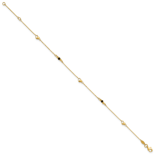 Leslie's 14K Polished/Dia-cut Heart Cr. Onyx Beads 9in Plus 1in ext. Anklet - Image 2
