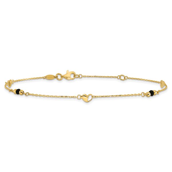 Leslie's 14K Polished/Dia-cut Heart Cr. Onyx Beads 9in Plus 1in ext. Anklet - Image 3