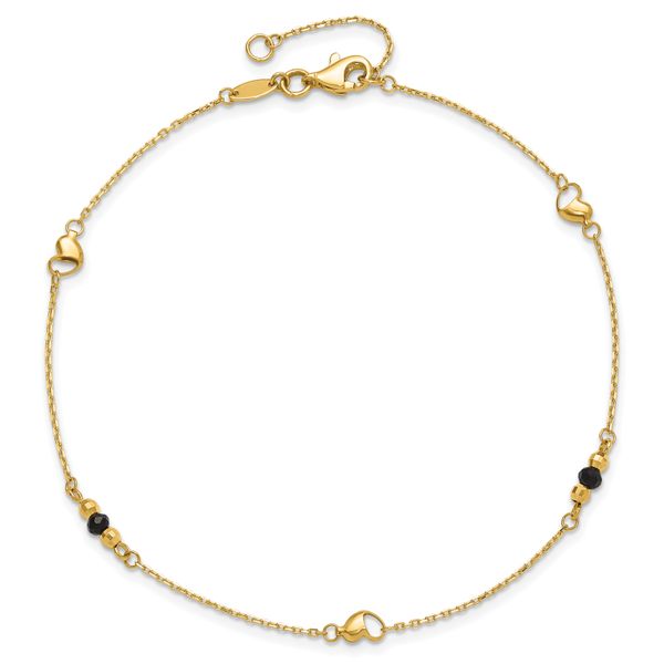 Leslie's 14K Polished/Dia-cut Heart Cr. Onyx Beads 9in Plus 1in ext. Anklet - Image 4