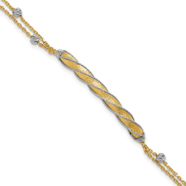 Leslie's 14K Two-tone Polish/Satin/Dia-cut Fancy Bar w/1in ext. Bracelet