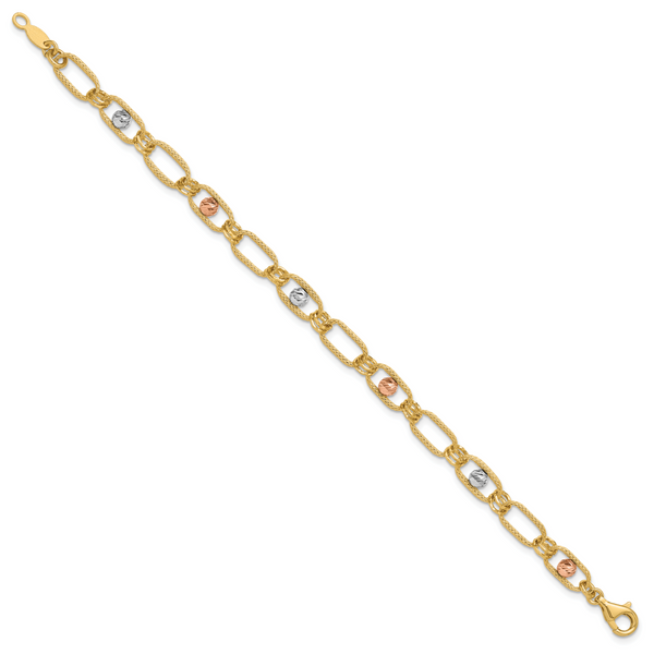 Leslie's 14K Tri-color Polished/Textured/Dia-cut Fancy Link Bracelet - Image 2