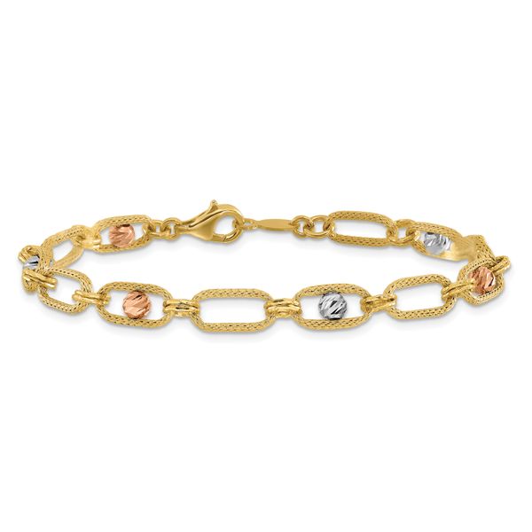 Leslie's 14K Tri-color Polished/Textured/Dia-cut Fancy Link Bracelet - Image 3
