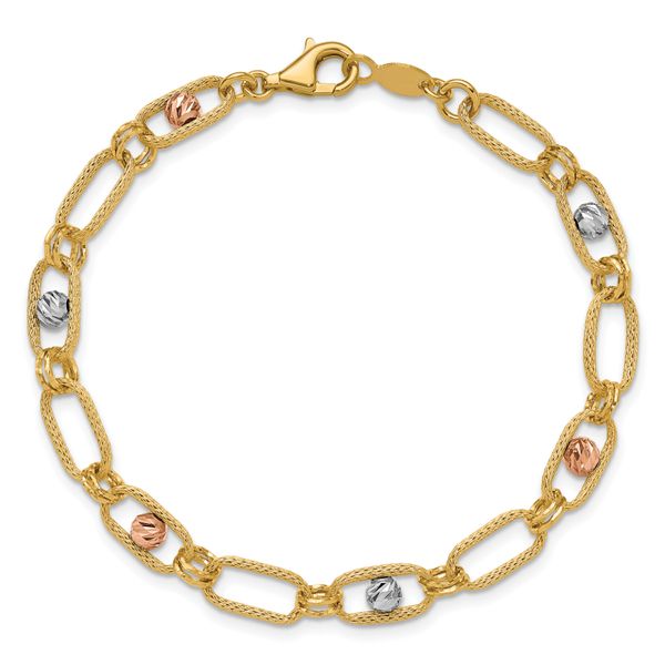 Leslie's 14K Tri-color Polished/Textured/Dia-cut Fancy Link Bracelet - Image 4