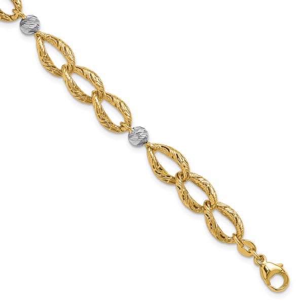 Leslie's 14K Two-tone Polished/Textured/Dia-cut w/2in ext. Bracelet